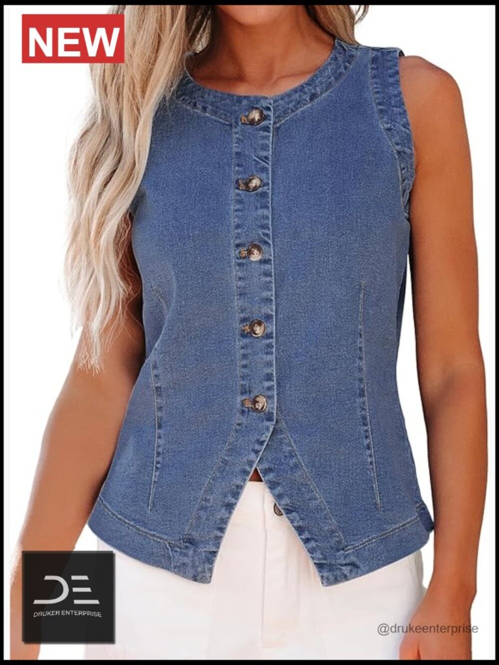 Sleeveless Denim Vest with Button Front Split Hem Casual Western Waistcoat